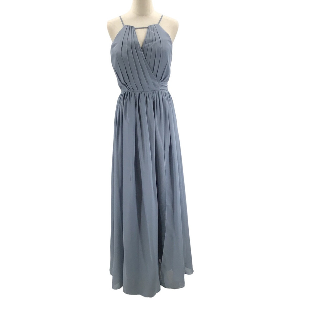 PARTY SZ 8 M slate blue halter keyhole pleated maxi bridesmaid dress NEW 0B11